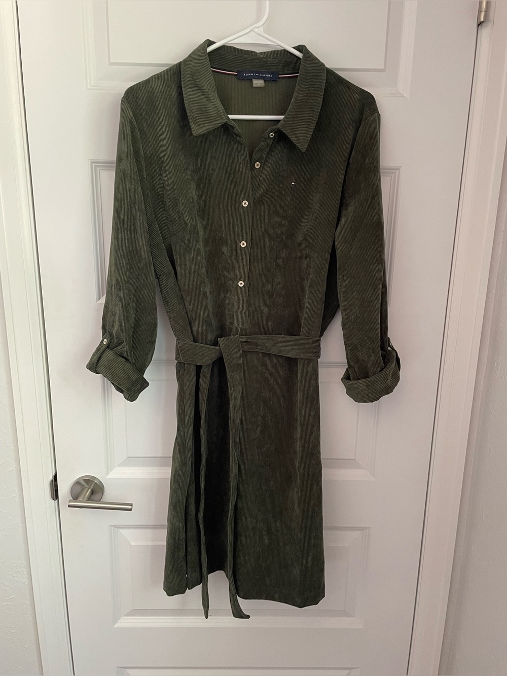 Tommy Hilfiger Corduroy Shirt Dress Women 14 Olive Green Belted Long sleeve EUC